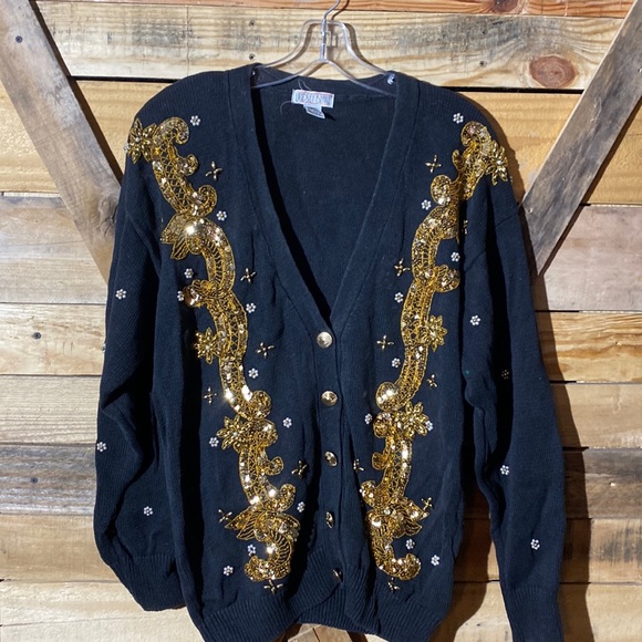 Lindsey Blake Vintage Sweater Black Gold Sequined Size M - Picture 1 of 6